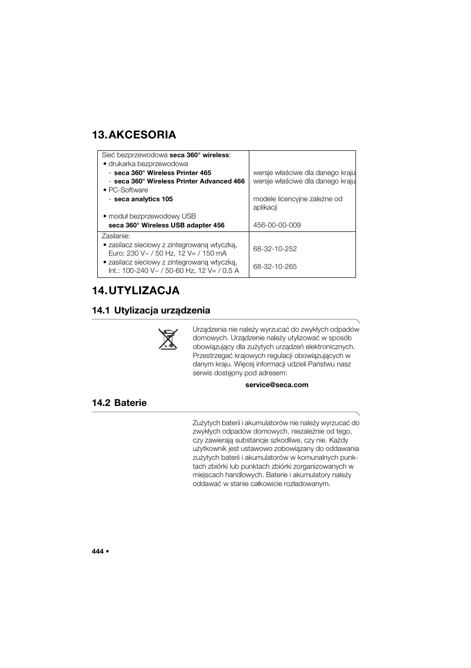 Akcesoria, Utylizacja, 1 utylizacja urządzenia | 2 baterie, Akcesoria 14. utylizacja | Seca 285 User Manual | Page 444 / 451