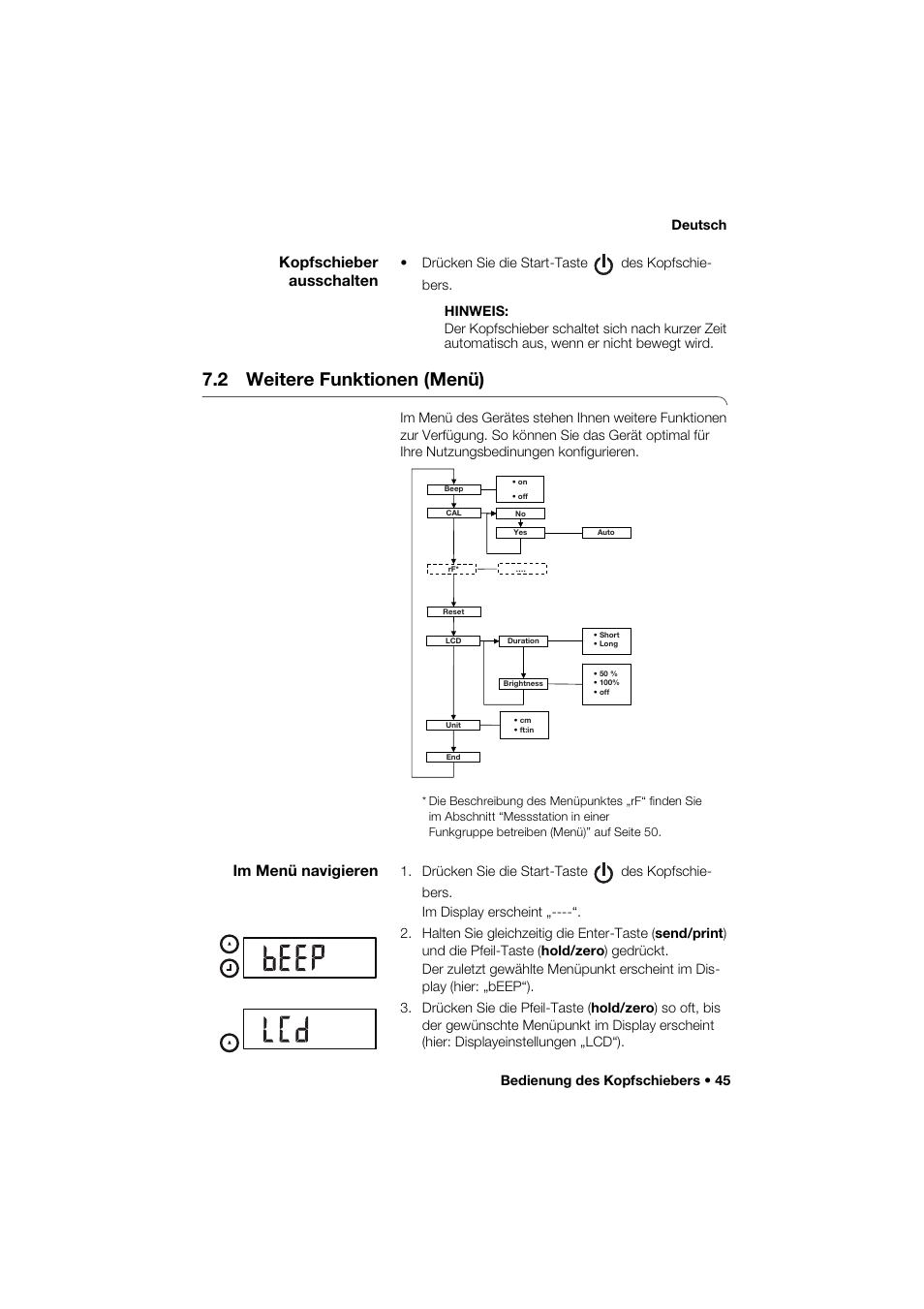 Kopfschieber ausschalten, 2 weitere funktionen (menü), Im menü navigieren | Bedienung des kopfschiebers • 45 deutsch | Seca 285 User Manual | Page 45 / 451