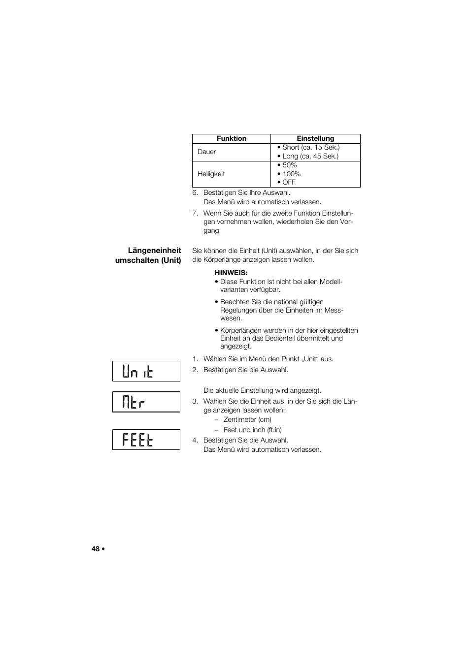 Längeneinheit umschalten (unit) | Seca 285 User Manual | Page 48 / 451
