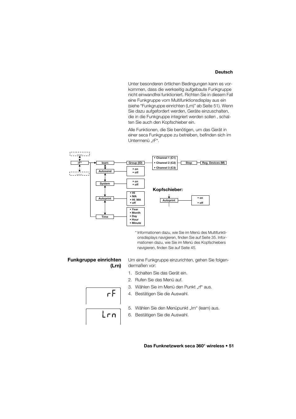 Funkgruppe einrichten (lrn), Kopfschieber | Seca 285 User Manual | Page 51 / 451