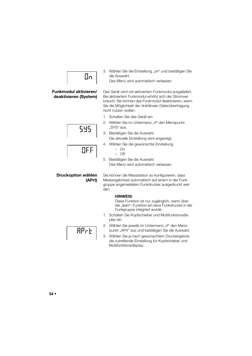 Funkmodul aktivieren/ deaktivieren (system), Druckoption wählen (aprt) | Seca 285 User Manual | Page 54 / 451