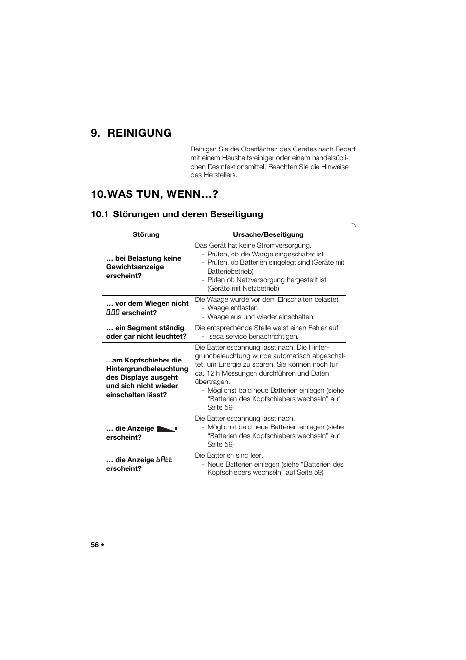 Reinigung, Was tun, wenn, 1 störungen und deren beseitigung | Seca 285 User Manual | Page 56 / 451