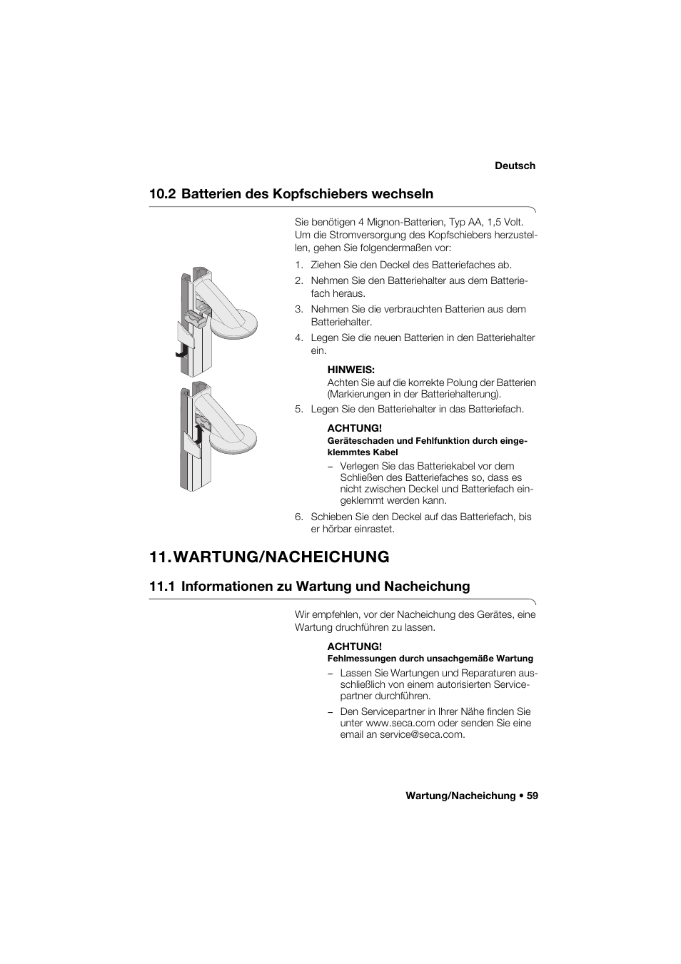 2 batterien des kopfschiebers wechseln, Wartung/nacheichung, 1 informationen zu wartung und nacheichung | Seca 285 User Manual | Page 59 / 451