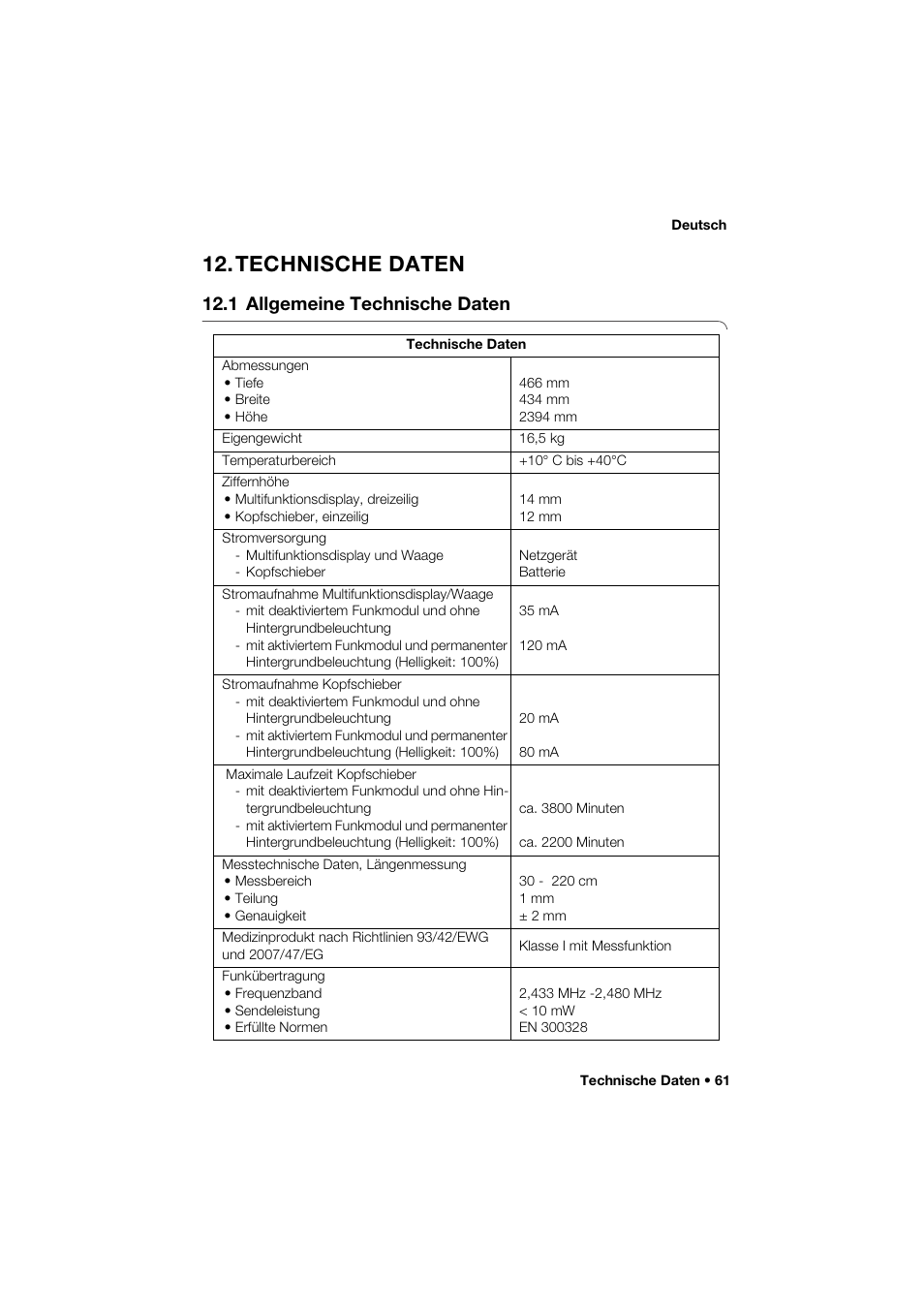 Technische daten, 1 allgemeine technische daten | Seca 285 User Manual | Page 61 / 451