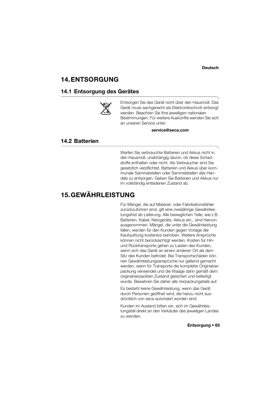 Entsorgung, 1 entsorgung des gerätes, 2 batterien | Gewährleistung | Seca 285 User Manual | Page 63 / 451