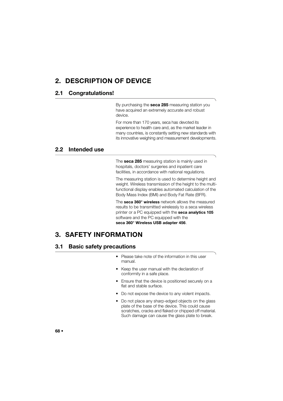 Description of device, 1 congratulations, 2 intended use | Safety information, 1 basic safety precautions | Seca 285 User Manual | Page 68 / 451