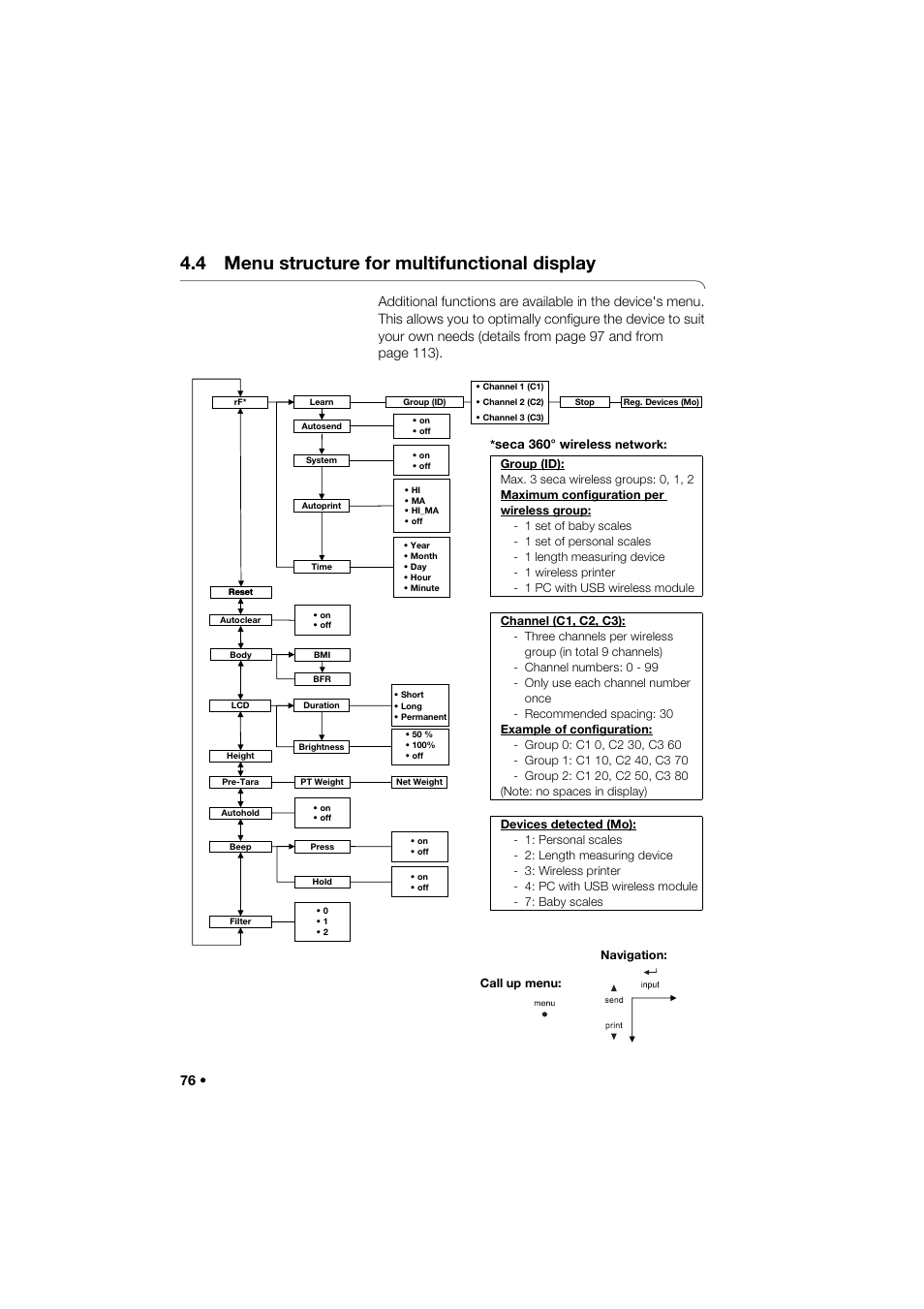 4 menu structure for multifunctional display | Seca 285 User Manual | Page 76 / 451