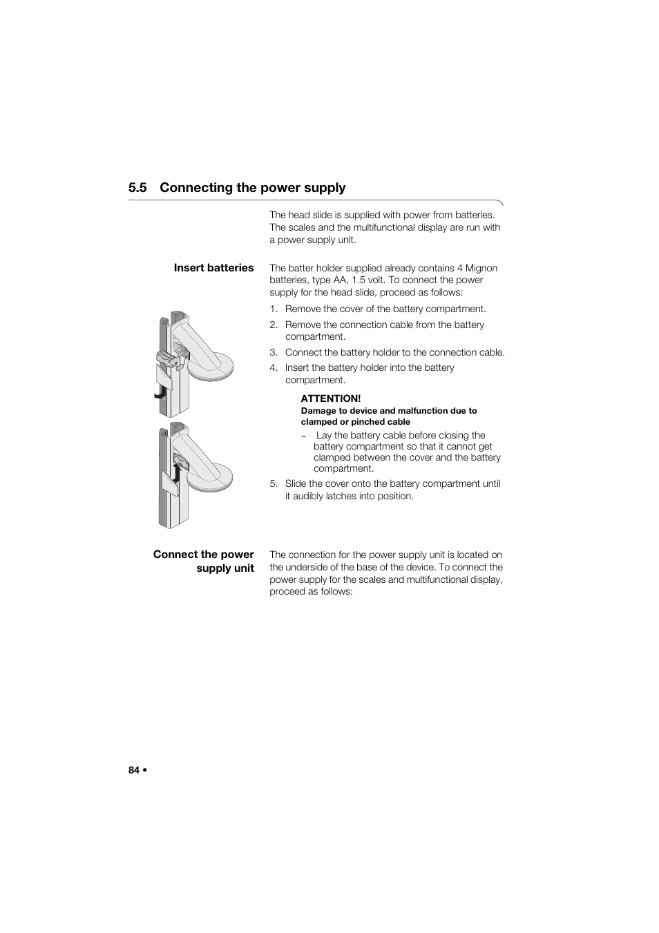 5 connecting the power supply, Insert batteries, Connect the power supply unit | Seca 285 User Manual | Page 84 / 451