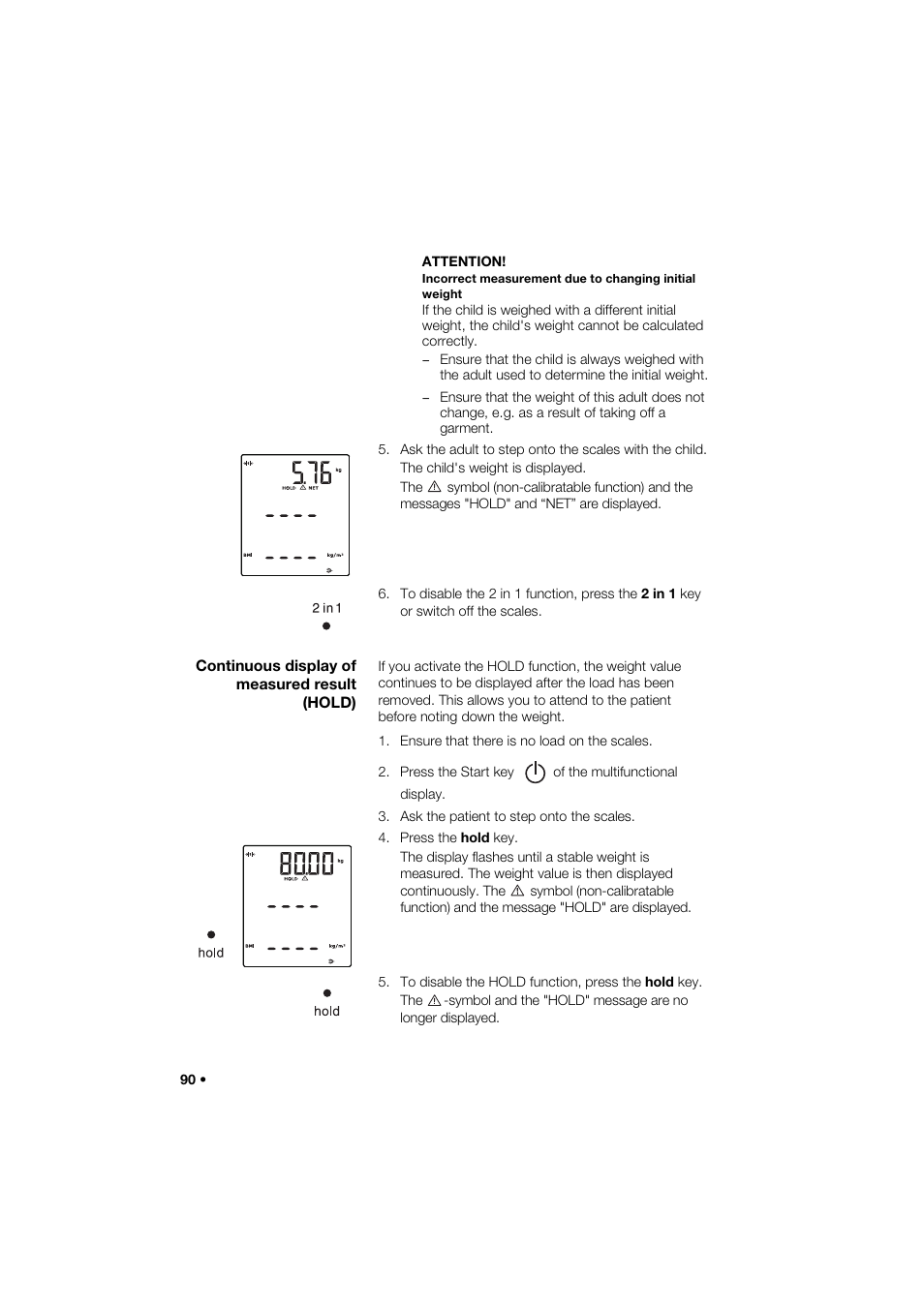 Continuous display of measured result (hold) | Seca 285 User Manual | Page 90 / 451