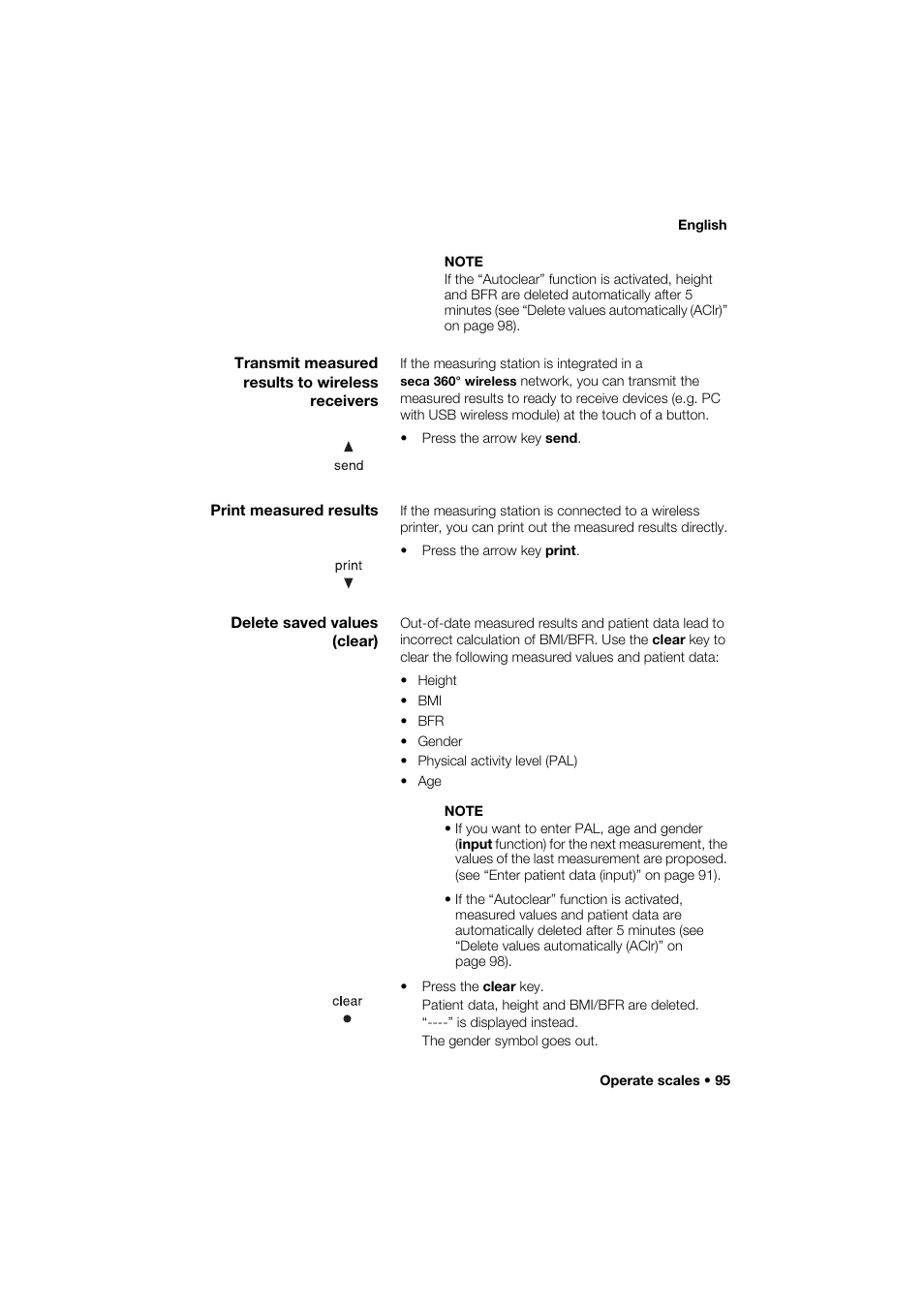 Transmit measured results to wireless receivers, Print measured results, Delete saved values (clear) | Seca 285 User Manual | Page 95 / 451