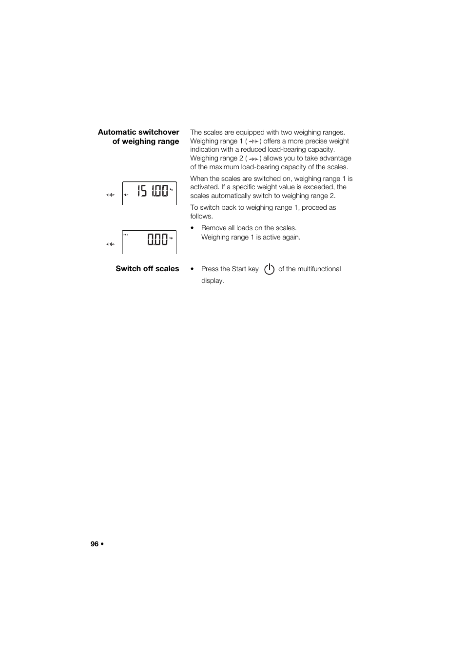 Automatic switchover of weighing range, Switch off scales | Seca 285 User Manual | Page 96 / 451