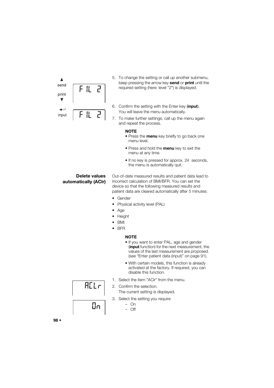 Delete values automatically (aclr) | Seca 285 User Manual | Page 98 / 451