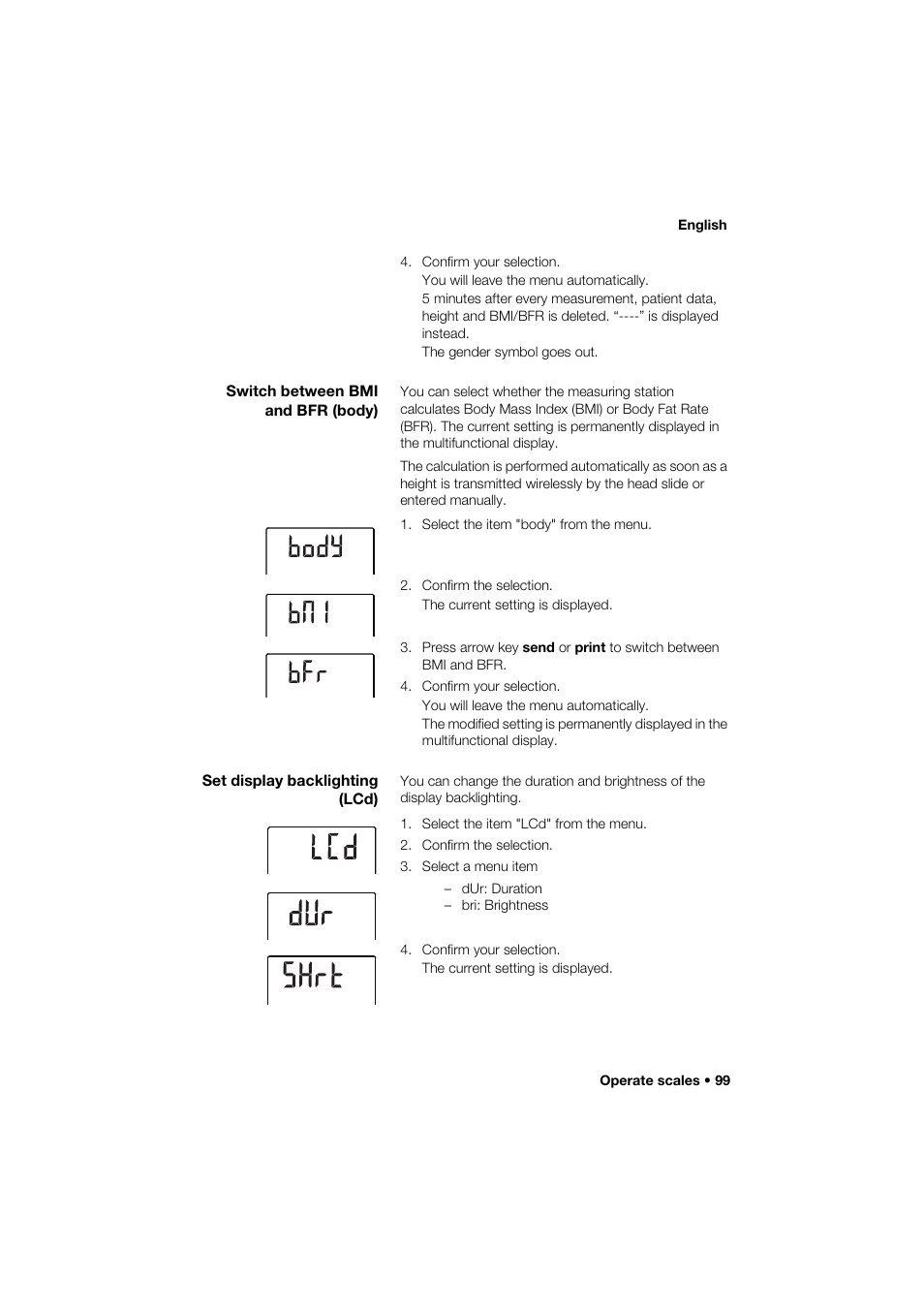 Switch between bmi and bfr (body), Set display backlighting (lcd) | Seca 285 User Manual | Page 99 / 451