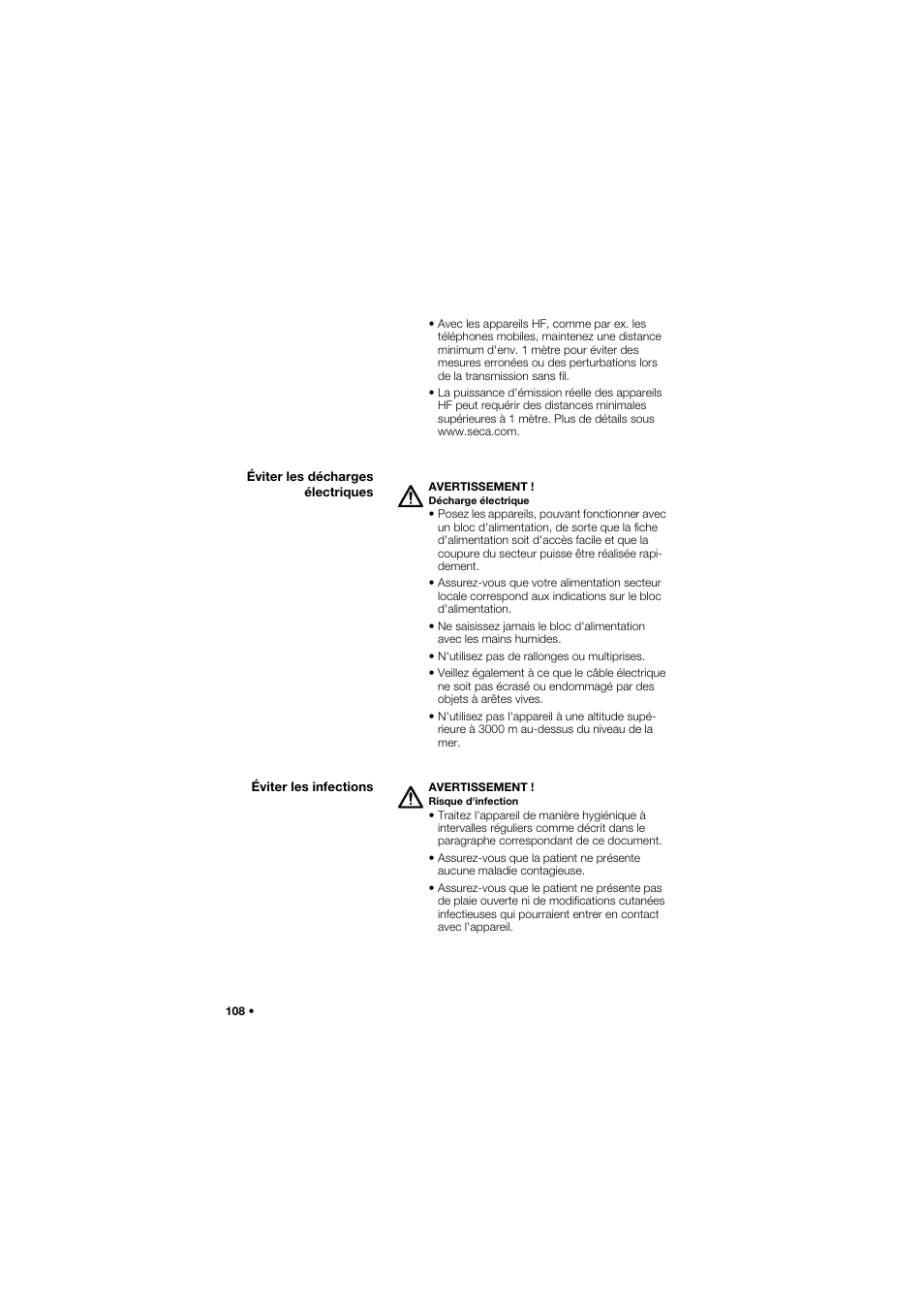 Éviter les décharges électriques, Éviter les infections | Seca 657 User Manual | Page 108 / 357