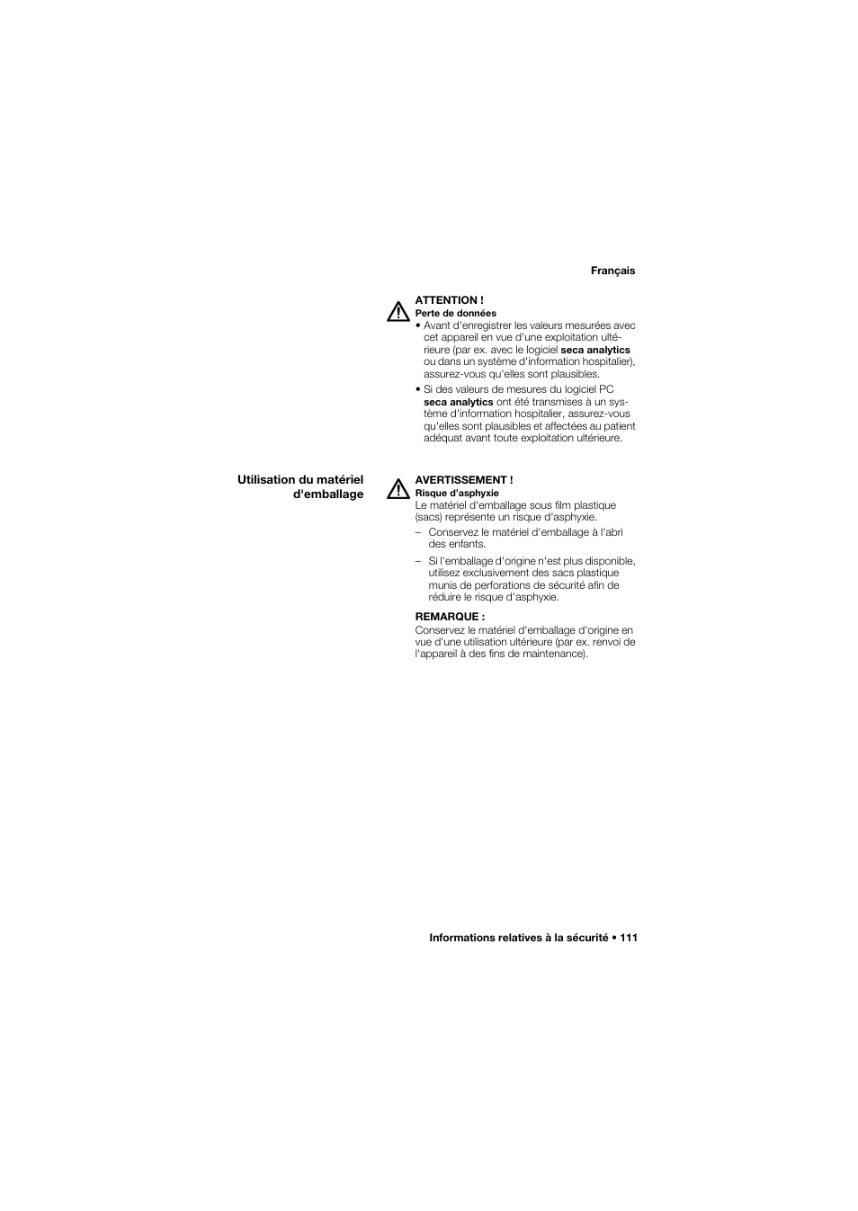 Utilisation du matériel d'emballage | Seca 657 User Manual | Page 111 / 357