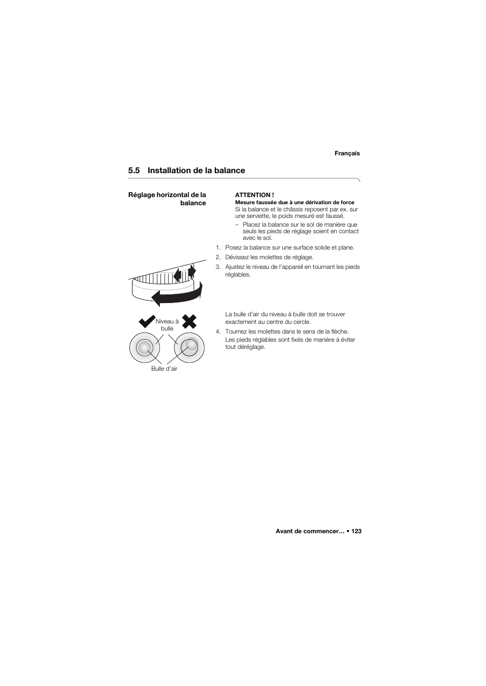 5 installation de la balance, Réglage horizontal de la balance | Seca 657 User Manual | Page 123 / 357