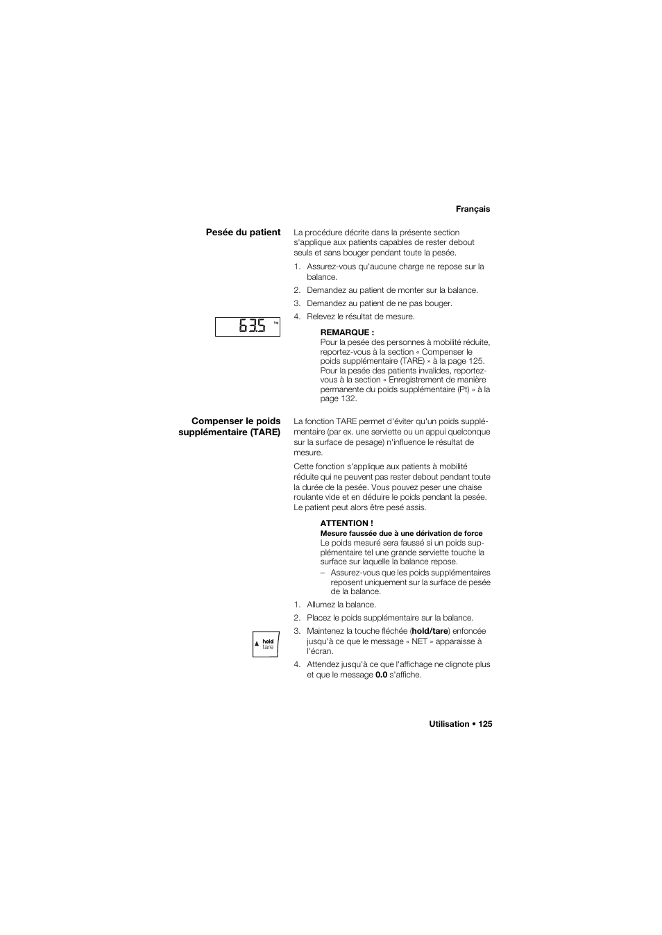Pesée du patient, Compenser le poids supplémentaire (tare) | Seca 657 User Manual | Page 125 / 357