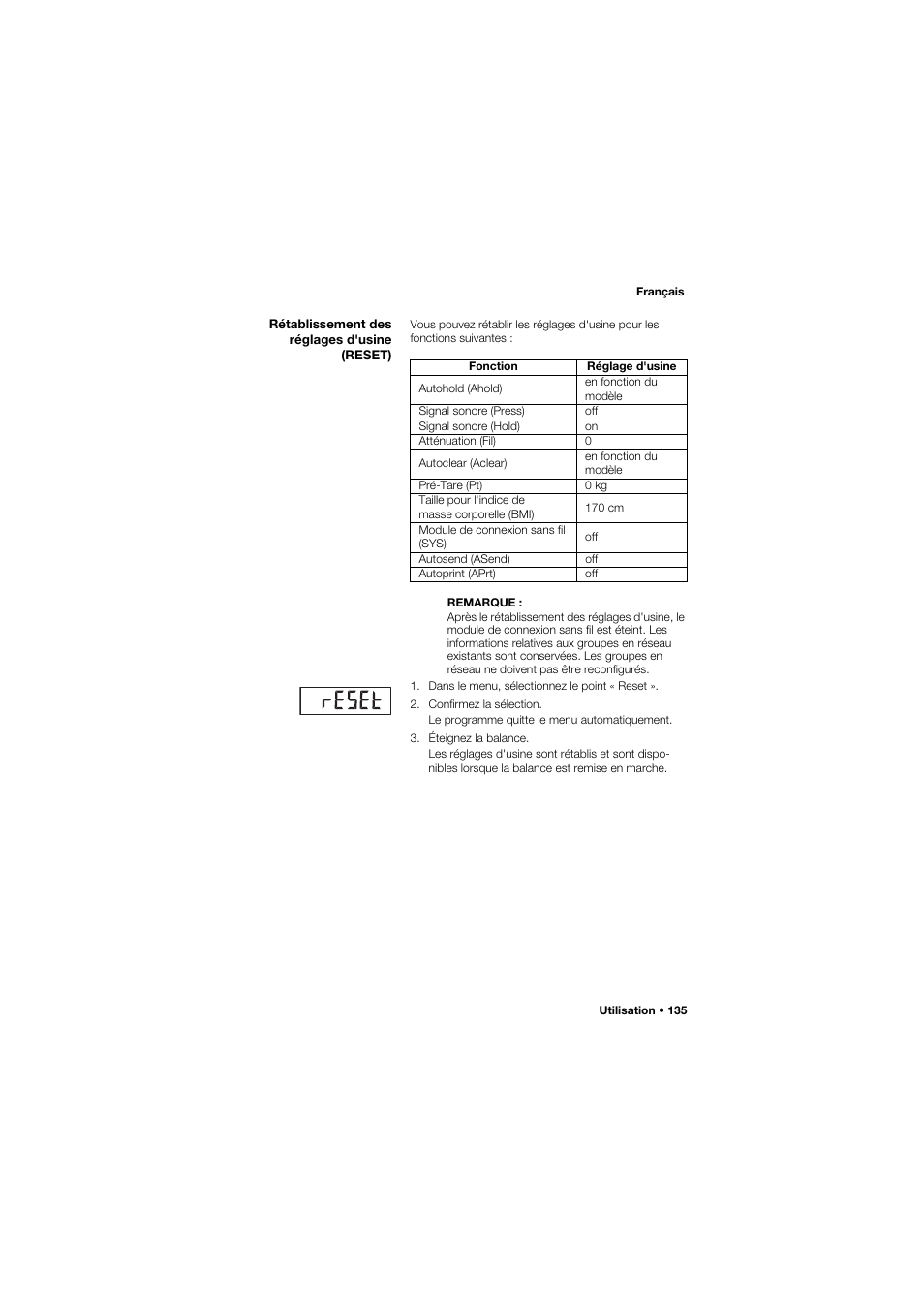Rétablissement des réglages d'usine (reset) | Seca 657 User Manual | Page 135 / 357