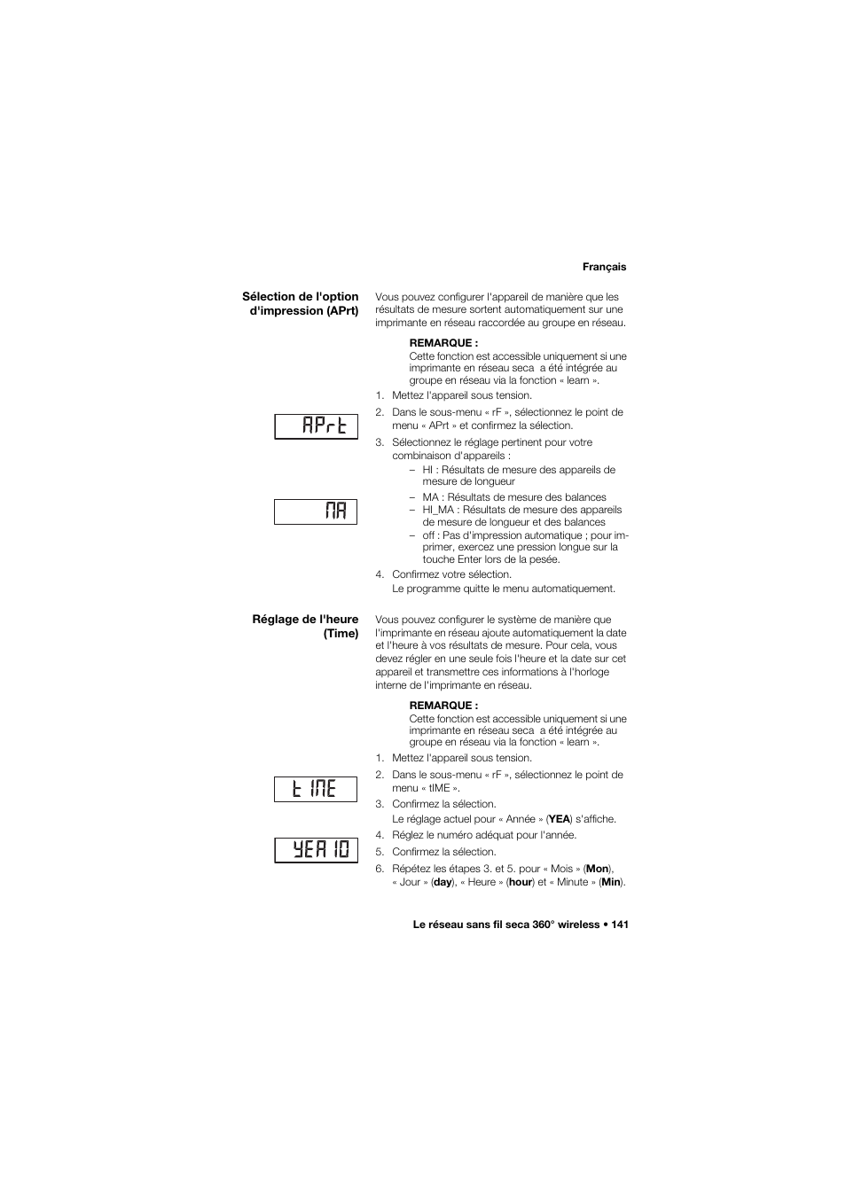 Sélection de l'option d'impression (aprt), Réglage de l'heure (time) | Seca 657 User Manual | Page 141 / 357