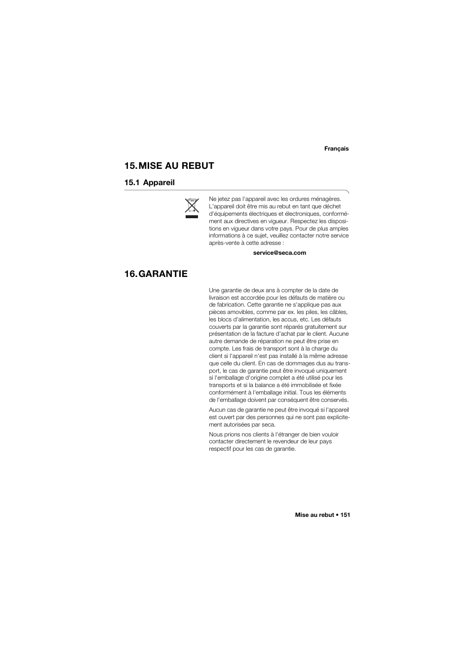 Mise au rebut, 1 appareil, Garantie | Seca 657 User Manual | Page 151 / 357
