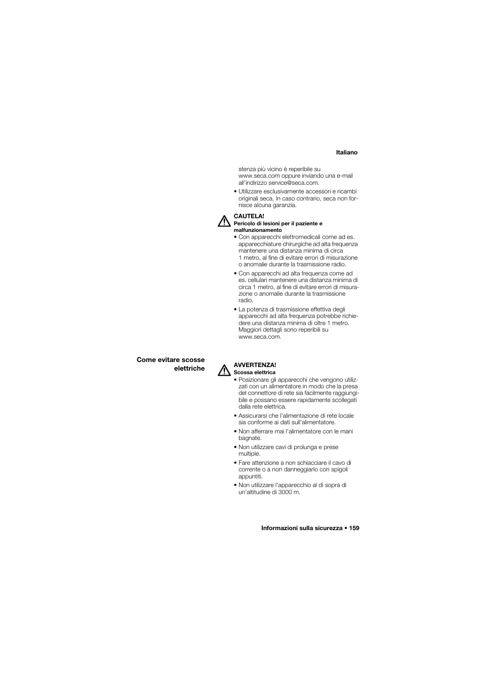 Come evitare scosse elettriche | Seca 657 User Manual | Page 159 / 357
