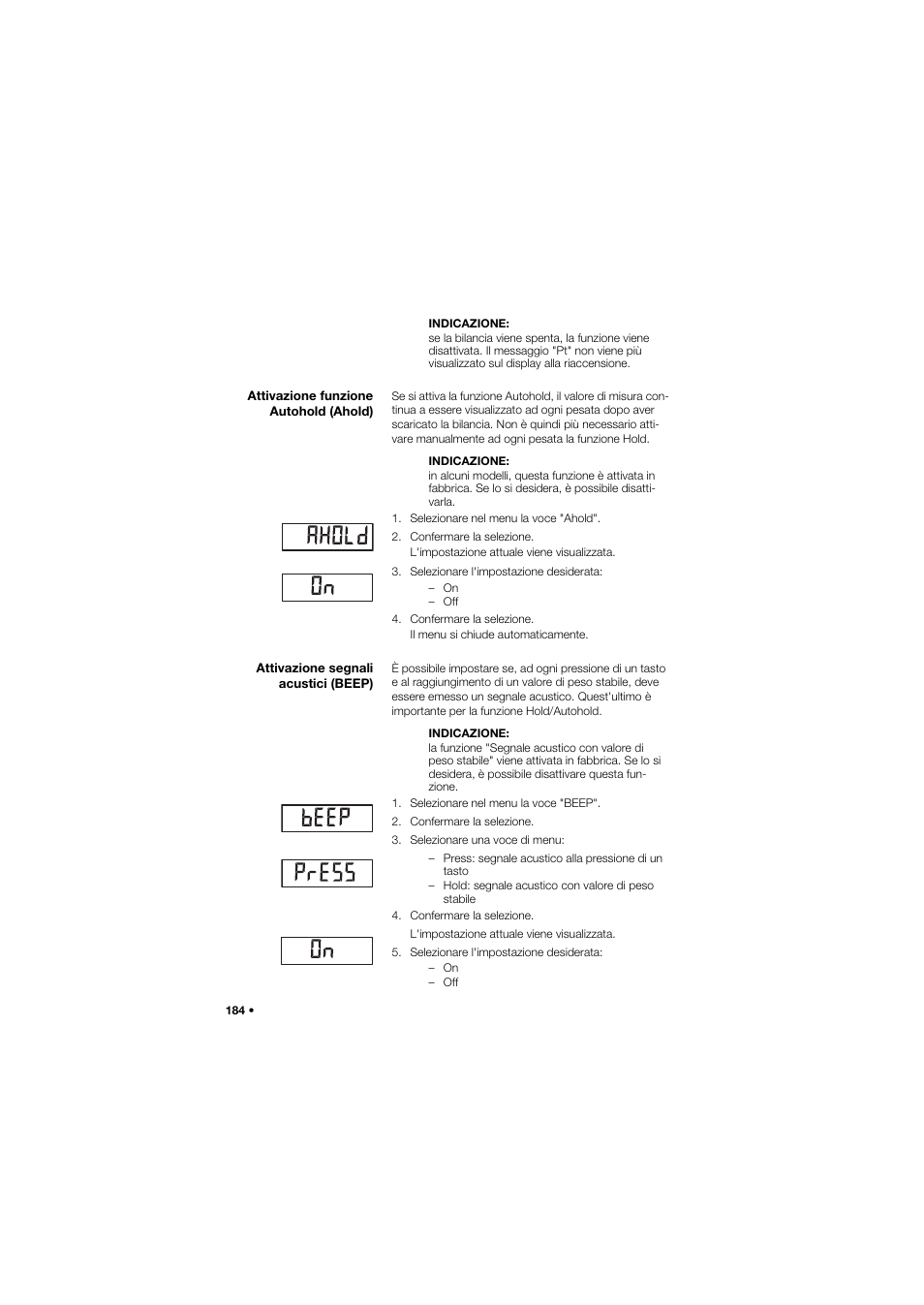 Attivazione funzione autohold (ahold), Attivazione segnali acustici (beep) | Seca 657 User Manual | Page 184 / 357