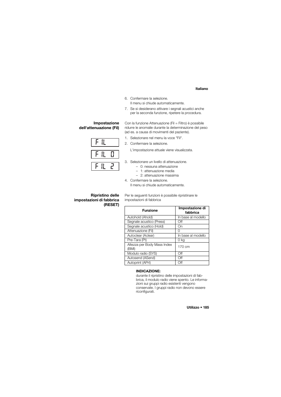 Impostazione dell'attenuazione (fil), Ripristino delle impostazioni di fabbrica (reset) | Seca 657 User Manual | Page 185 / 357