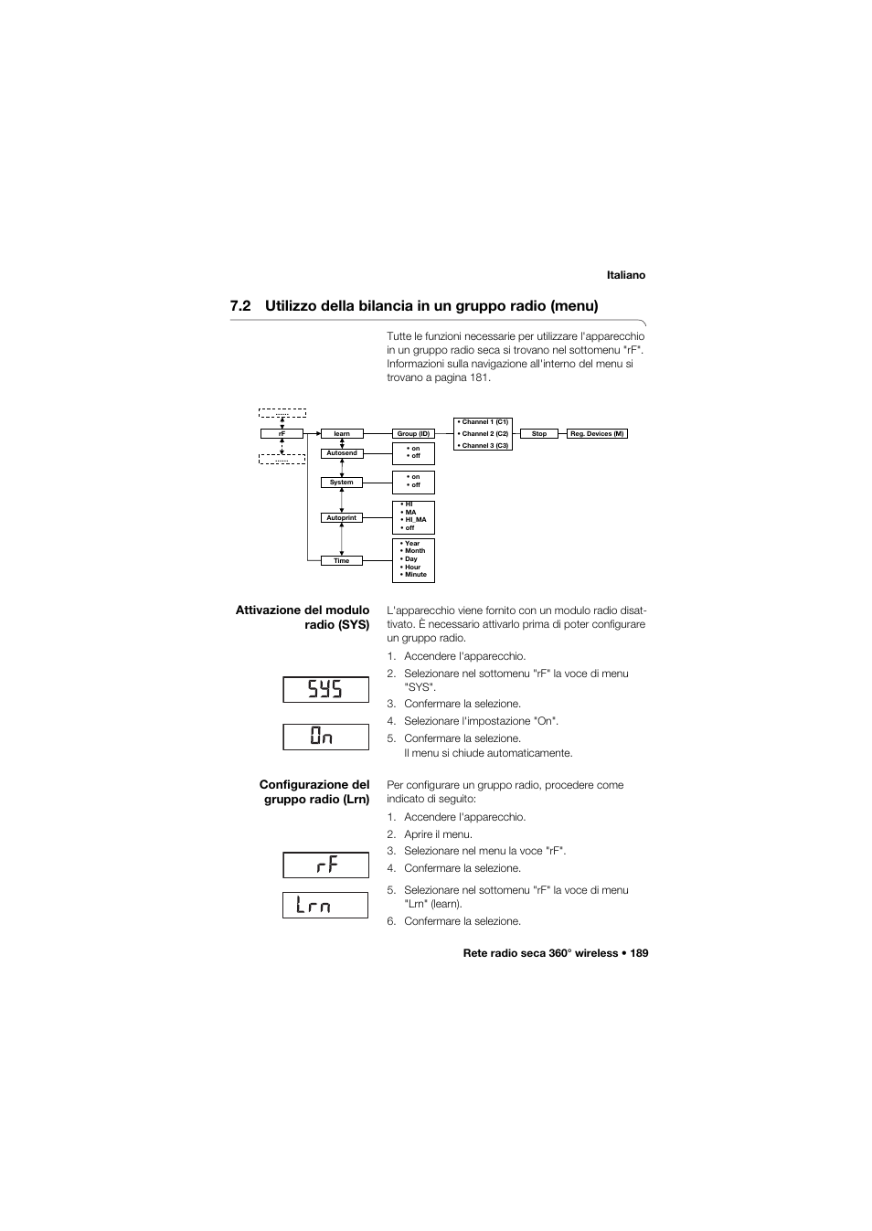 Attivazione del modulo radio (sys), Configurazione del gruppo radio (lrn) | Seca 657 User Manual | Page 189 / 357