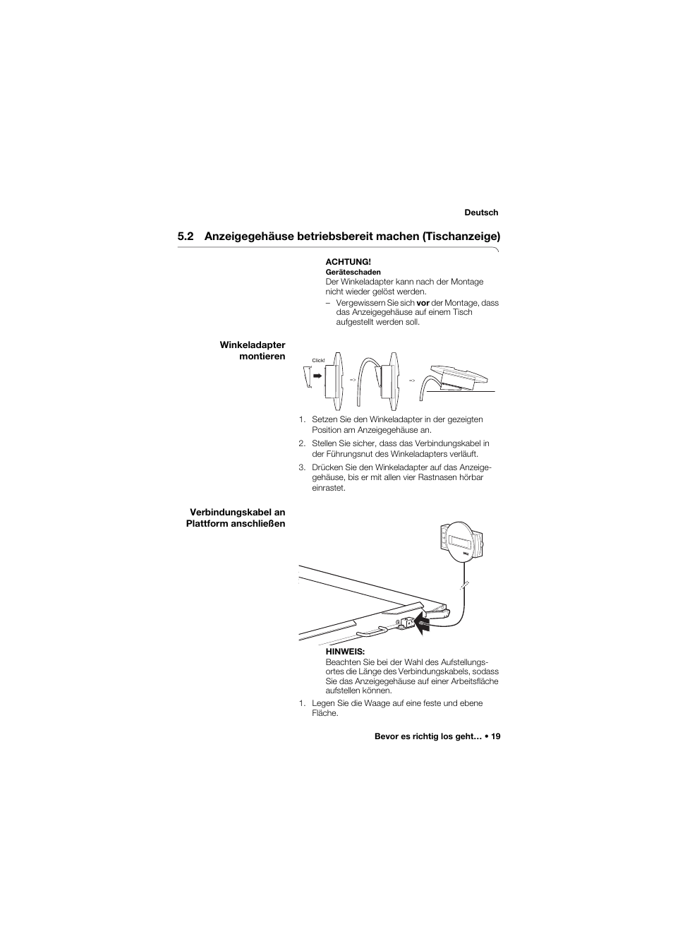 Winkeladapter montieren, Verbindungskabel an plattform anschließen | Seca 657 User Manual | Page 19 / 357