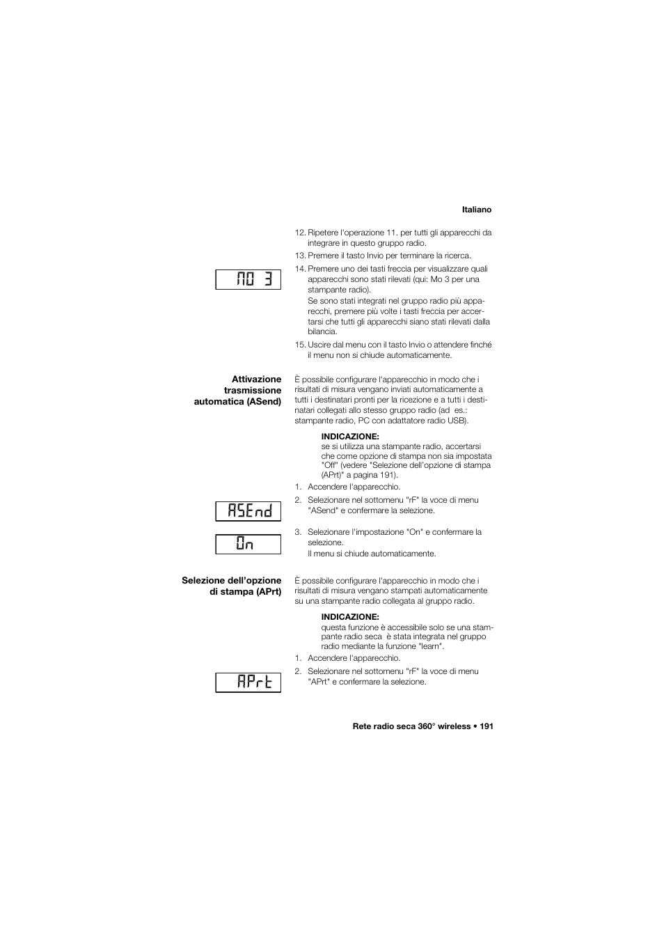 Attivazione trasmissione automatica (asend), Selezione dell’opzione di stampa (aprt) | Seca 657 User Manual | Page 191 / 357