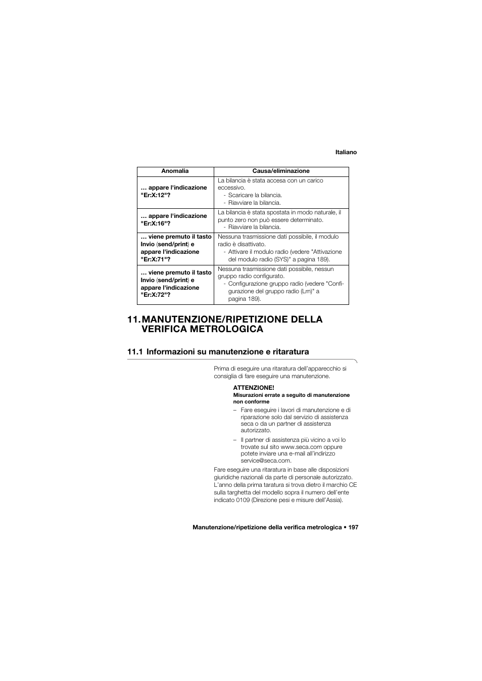 1 informazioni su manutenzione e ritaratura | Seca 657 User Manual | Page 197 / 357