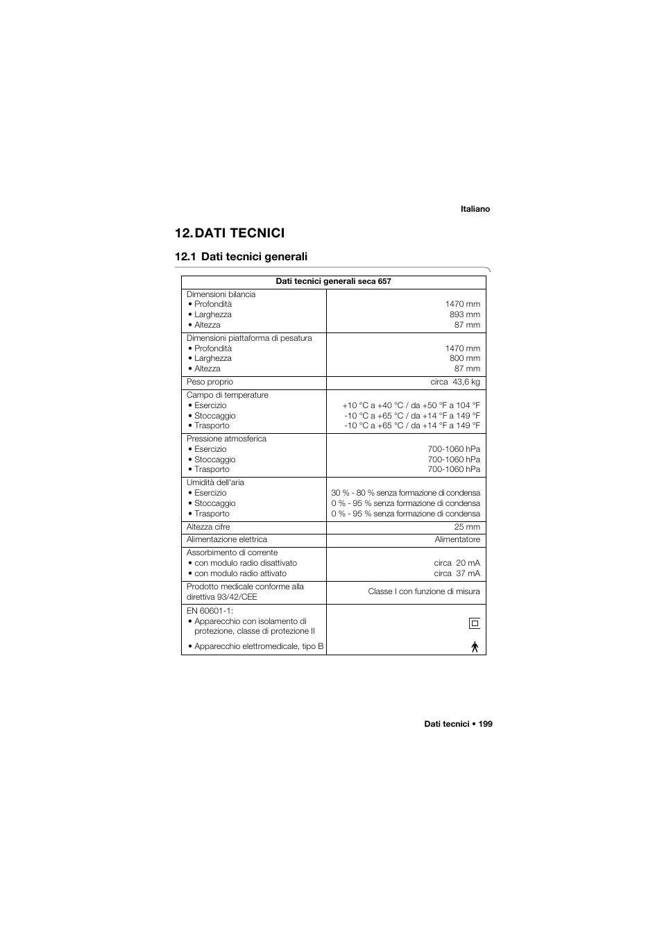 Dati tecnici, 1 dati tecnici generali | Seca 657 User Manual | Page 199 / 357
