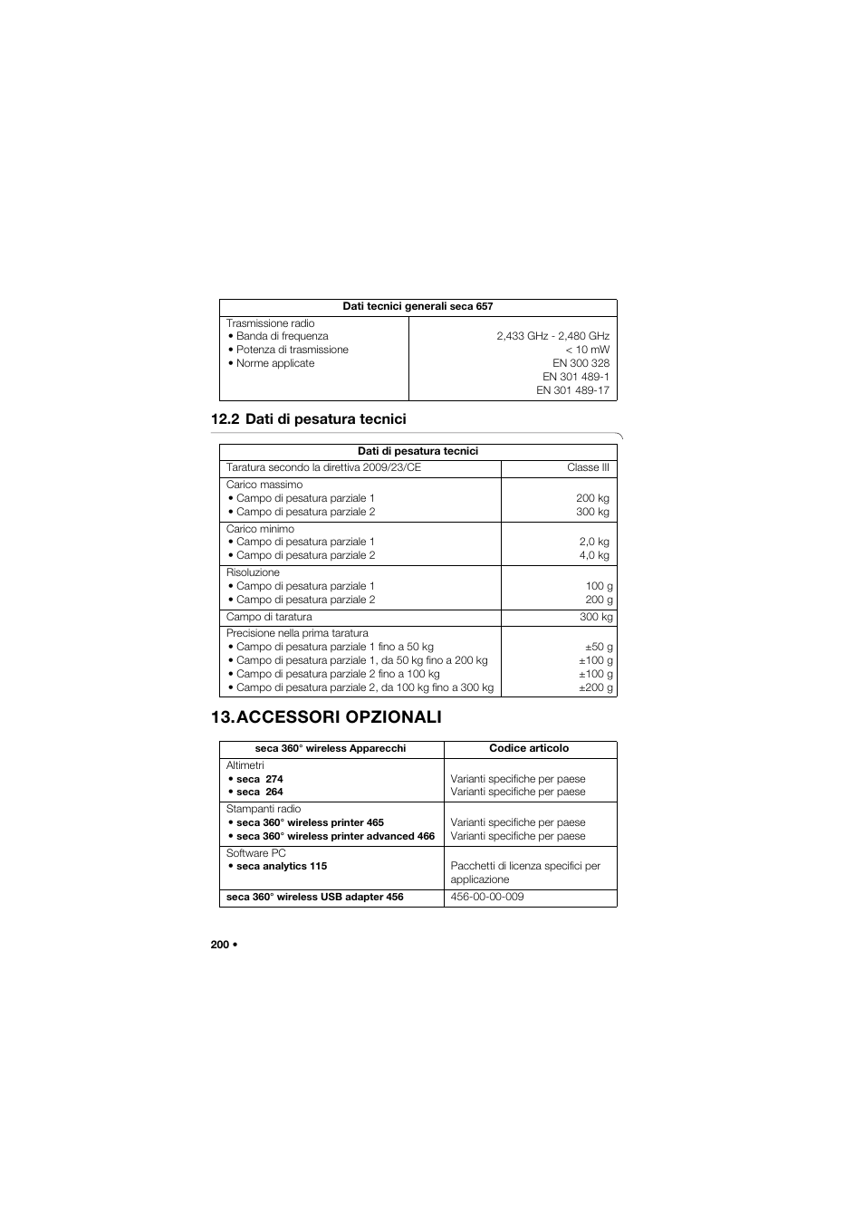 2 dati di pesatura tecnici, Accessori opzionali | Seca 657 User Manual | Page 200 / 357