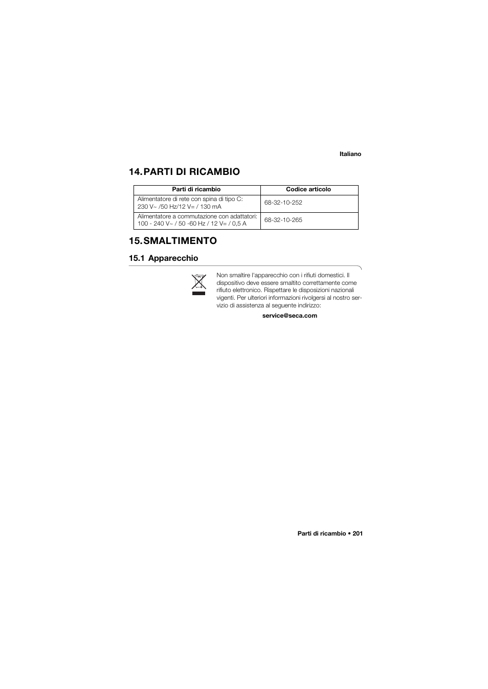 Parti di ricambio, Smaltimento, 1 apparecchio | Parti di ricambio 15.smaltimento | Seca 657 User Manual | Page 201 / 357