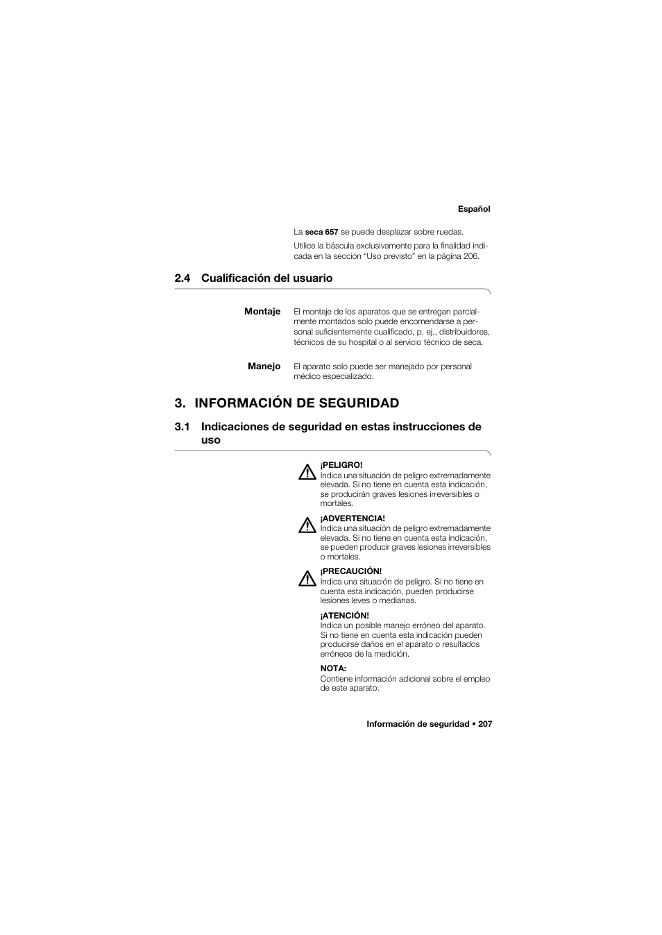 4 cualificación del usuario, Montaje, Manejo | Información de seguridad | Seca 657 User Manual | Page 207 / 357