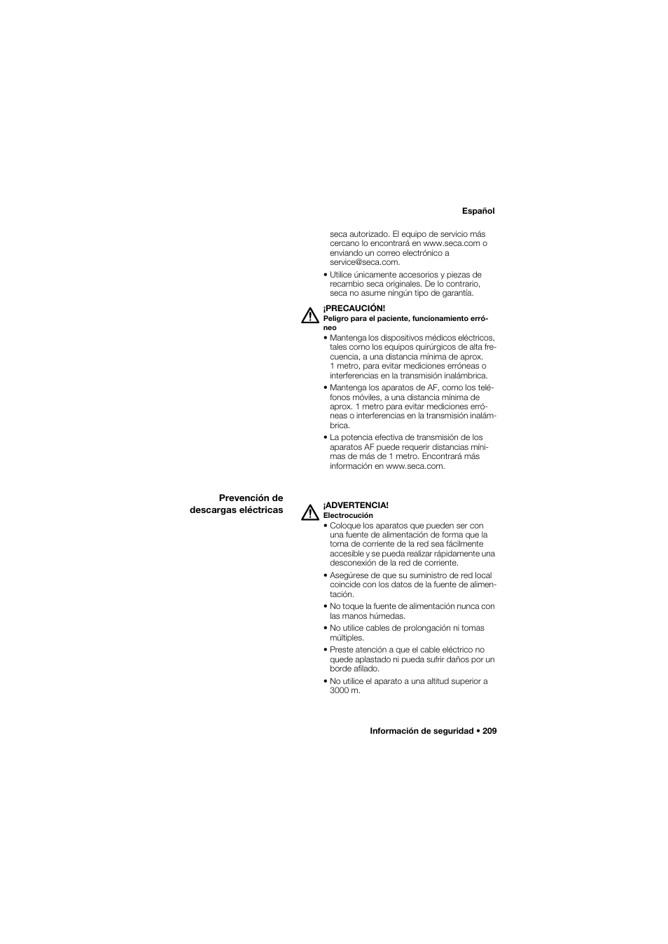 Prevención de descargas eléctricas | Seca 657 User Manual | Page 209 / 357