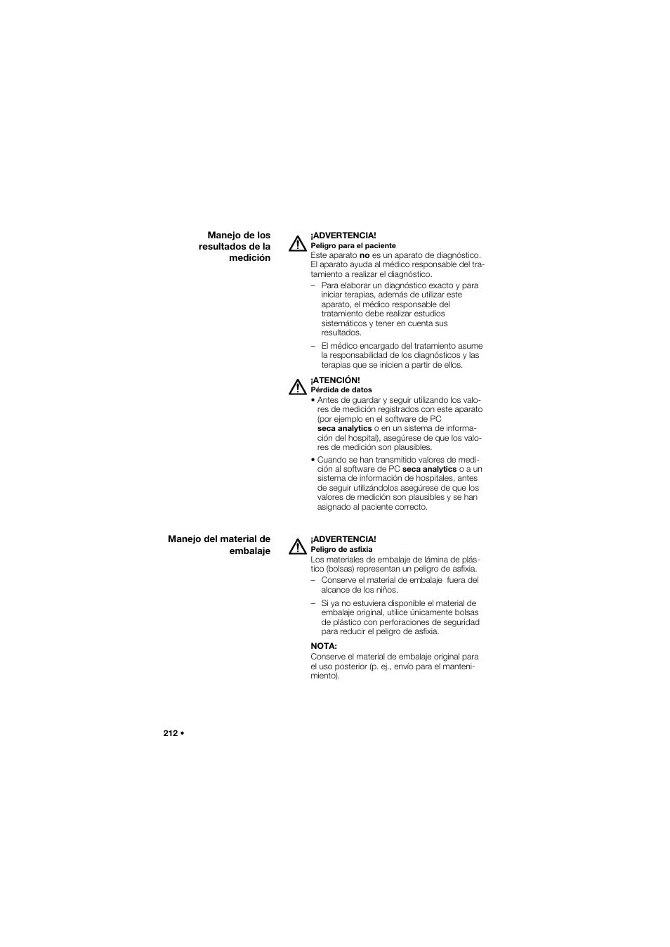 Manejo de los resultados de la medición, Manejo del material de embalaje | Seca 657 User Manual | Page 212 / 357