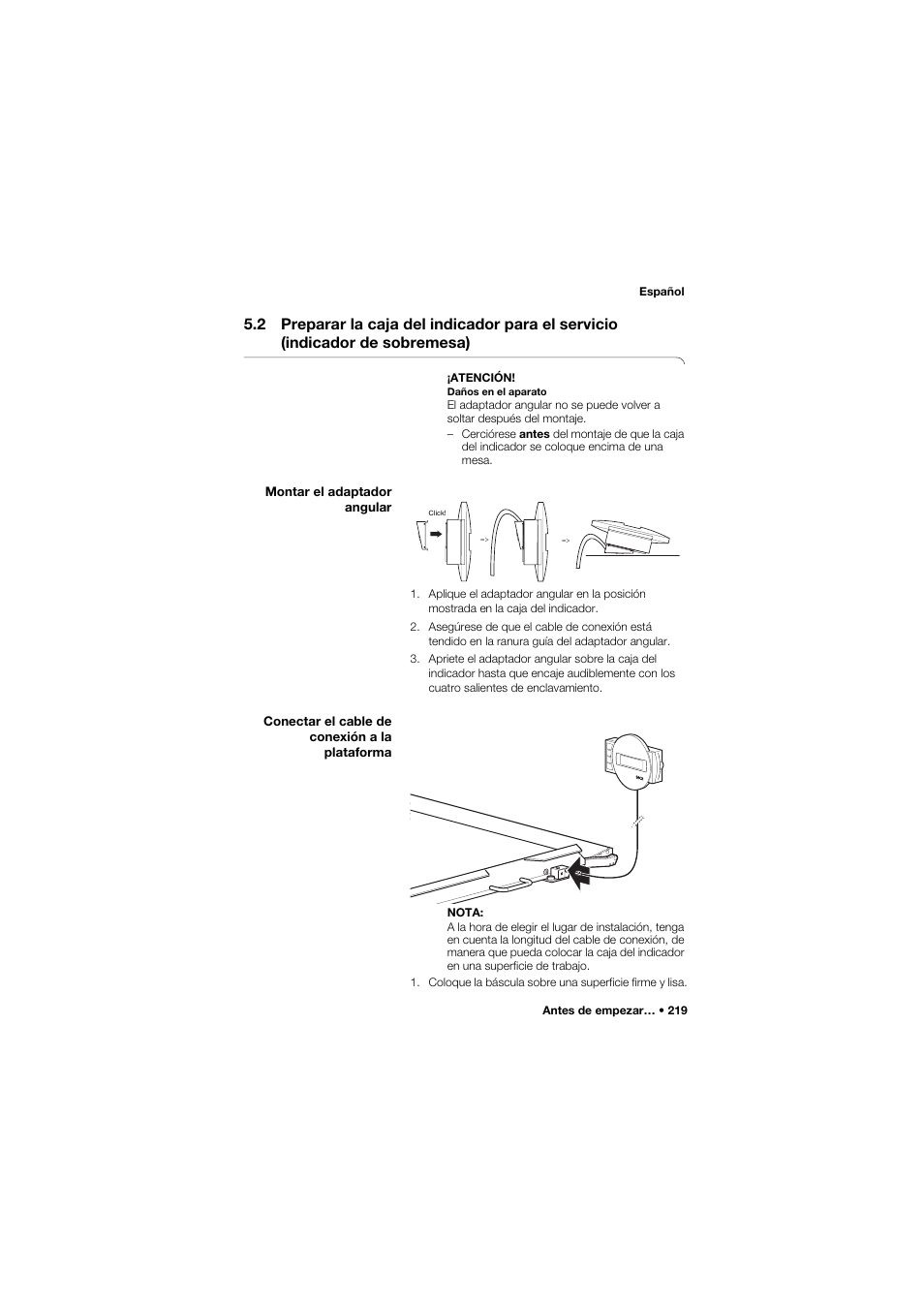 Montar el adaptador angular, Conectar el cable de conexión a la plataforma | Seca 657 User Manual | Page 219 / 357