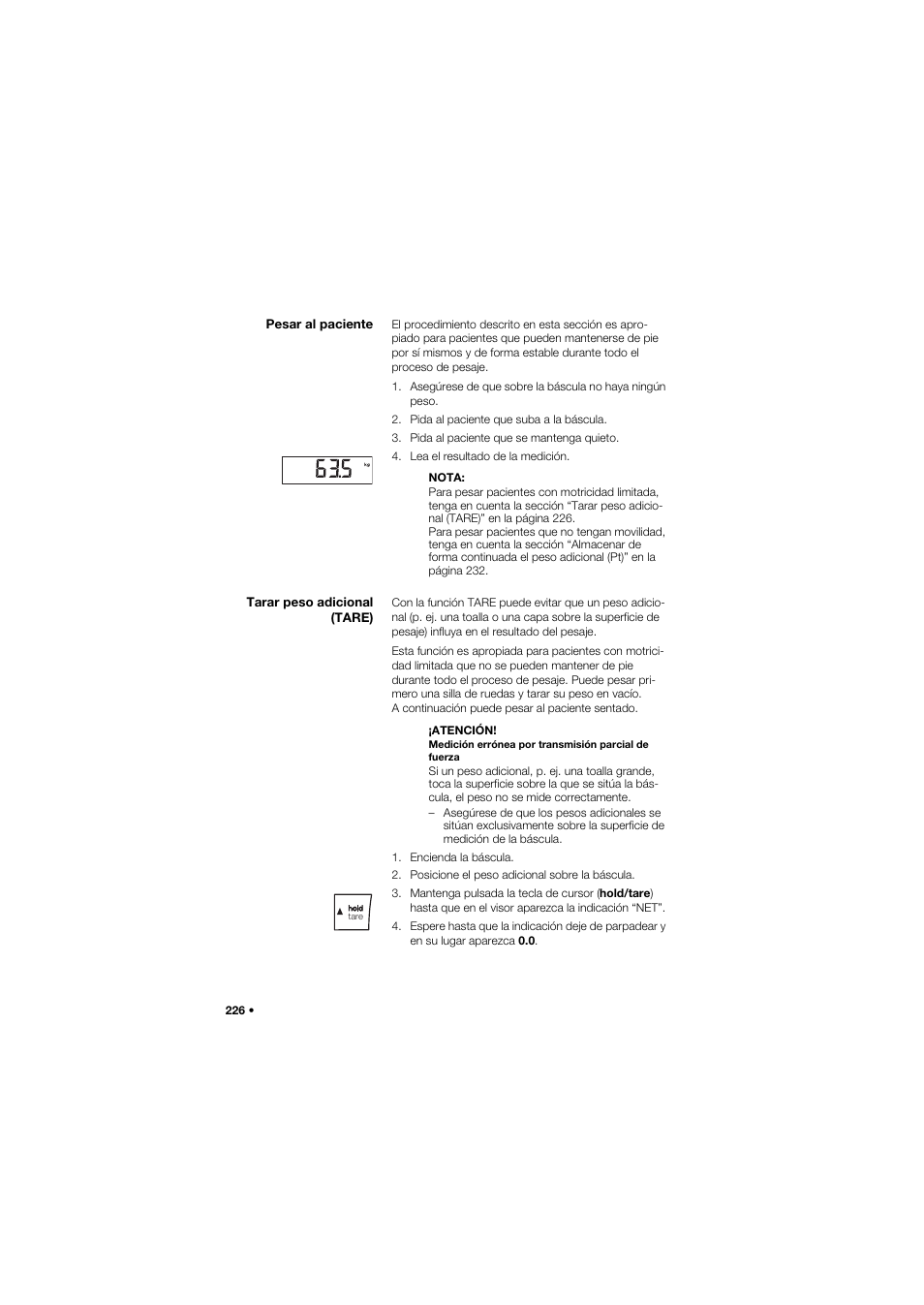 Pesar al paciente, Tarar peso adicional (tare) | Seca 657 User Manual | Page 226 / 357
