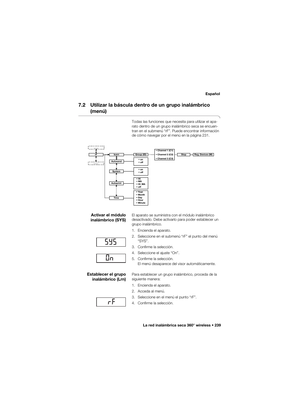 Activar el módulo inalámbrico (sys), Establecer el grupo inalámbrico (lrn), 2 utilizar la báscula dentro de un | Grupo inalámbrico (menú) | Seca 657 User Manual | Page 239 / 357