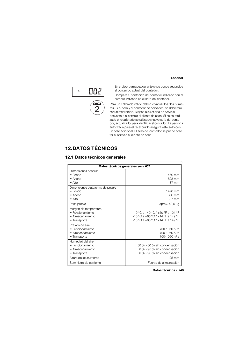 Datos técnicos, 1 datos técnicos generales | Seca 657 User Manual | Page 249 / 357