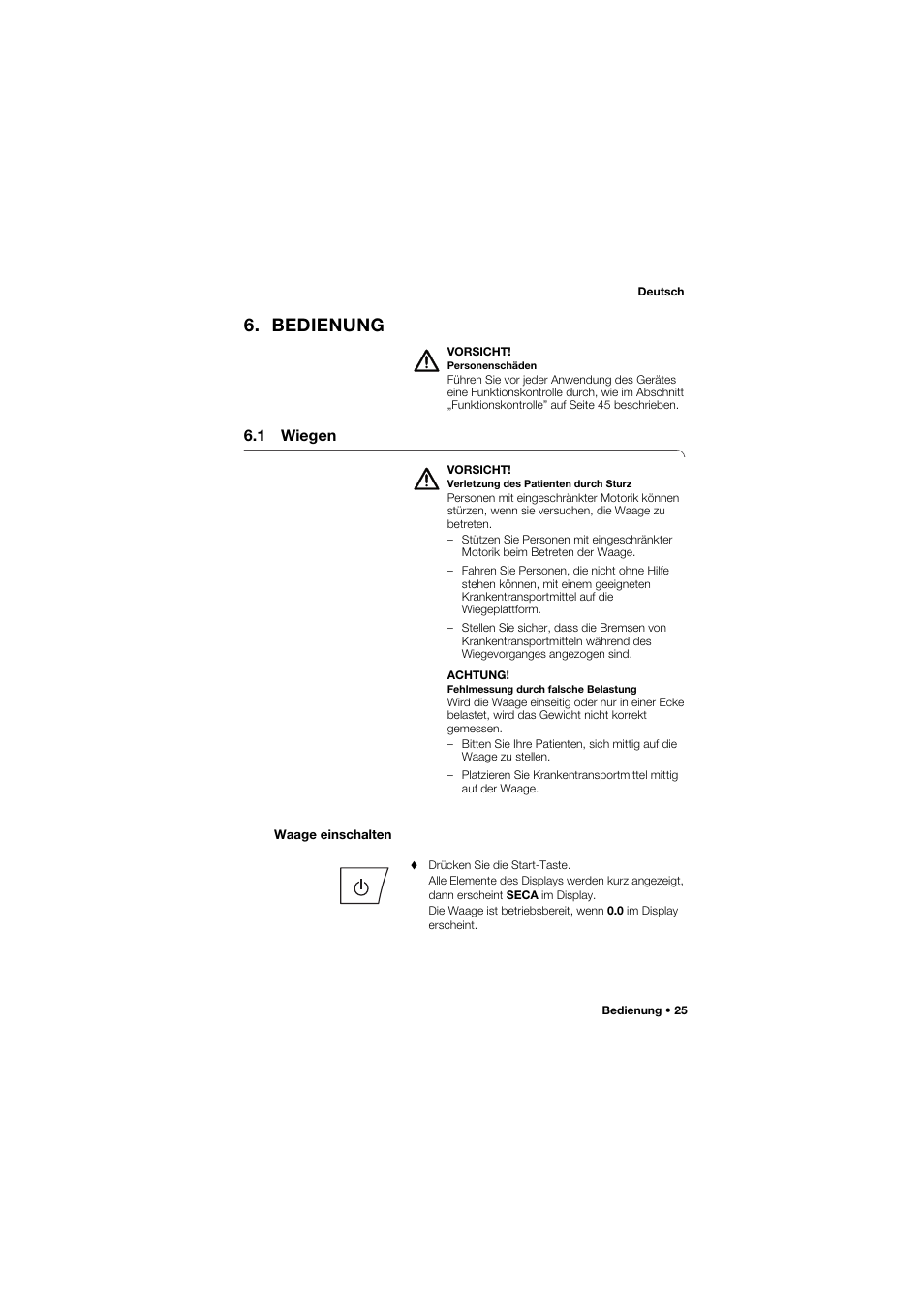 Bedienung, 1 wiegen, Waage einschalten | Seca 657 User Manual | Page 25 / 357