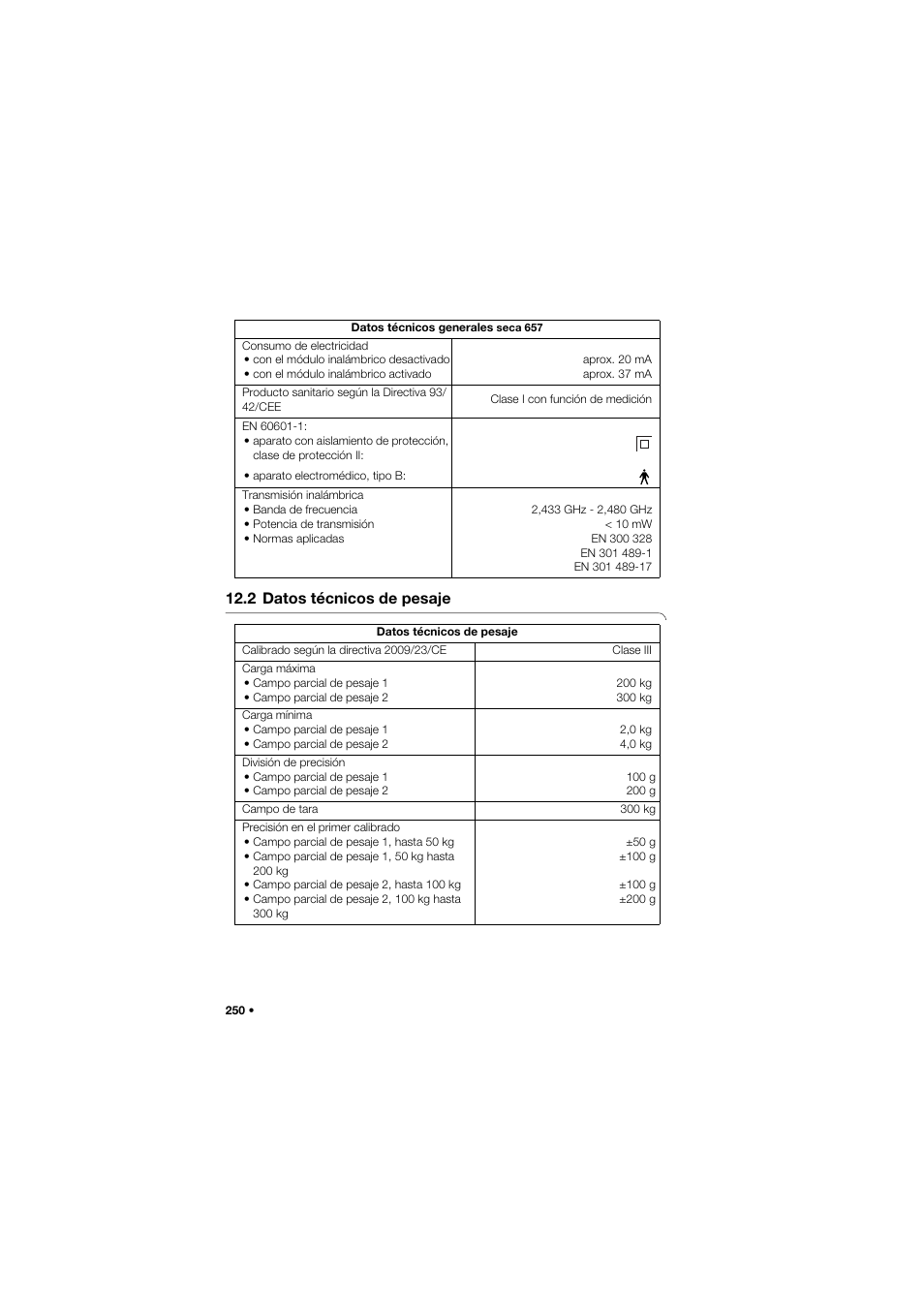 2 datos técnicos de pesaje | Seca 657 User Manual | Page 250 / 357