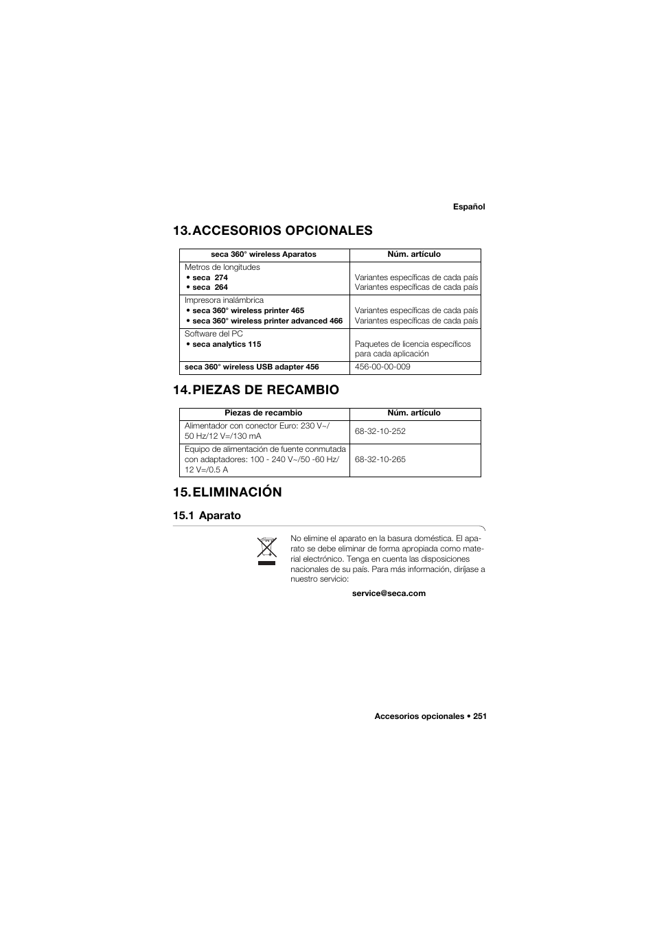 Accesorios opcionales, Piezas de recambio, Eliminación | 1 aparato | Seca 657 User Manual | Page 251 / 357