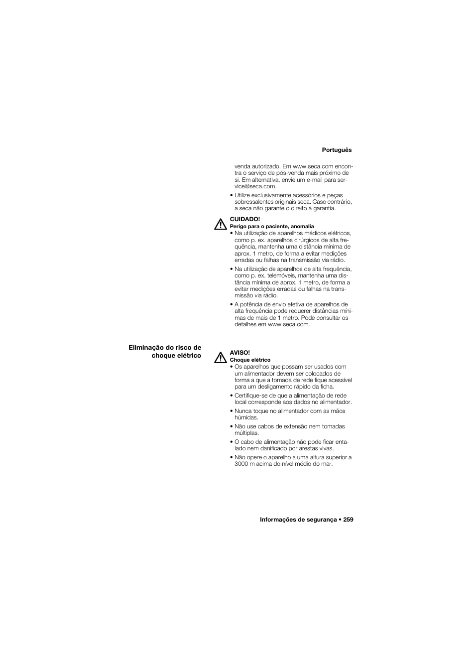 Eliminação do risco de choque elétrico | Seca 657 User Manual | Page 259 / 357