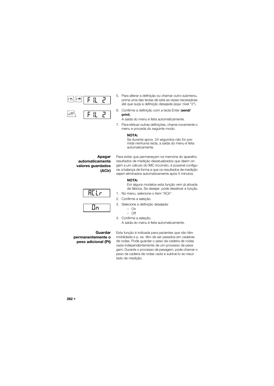 Apagar automaticamente valores guardados (aclr), Guardar permanentemente o peso adicional (pt) | Seca 657 User Manual | Page 282 / 357