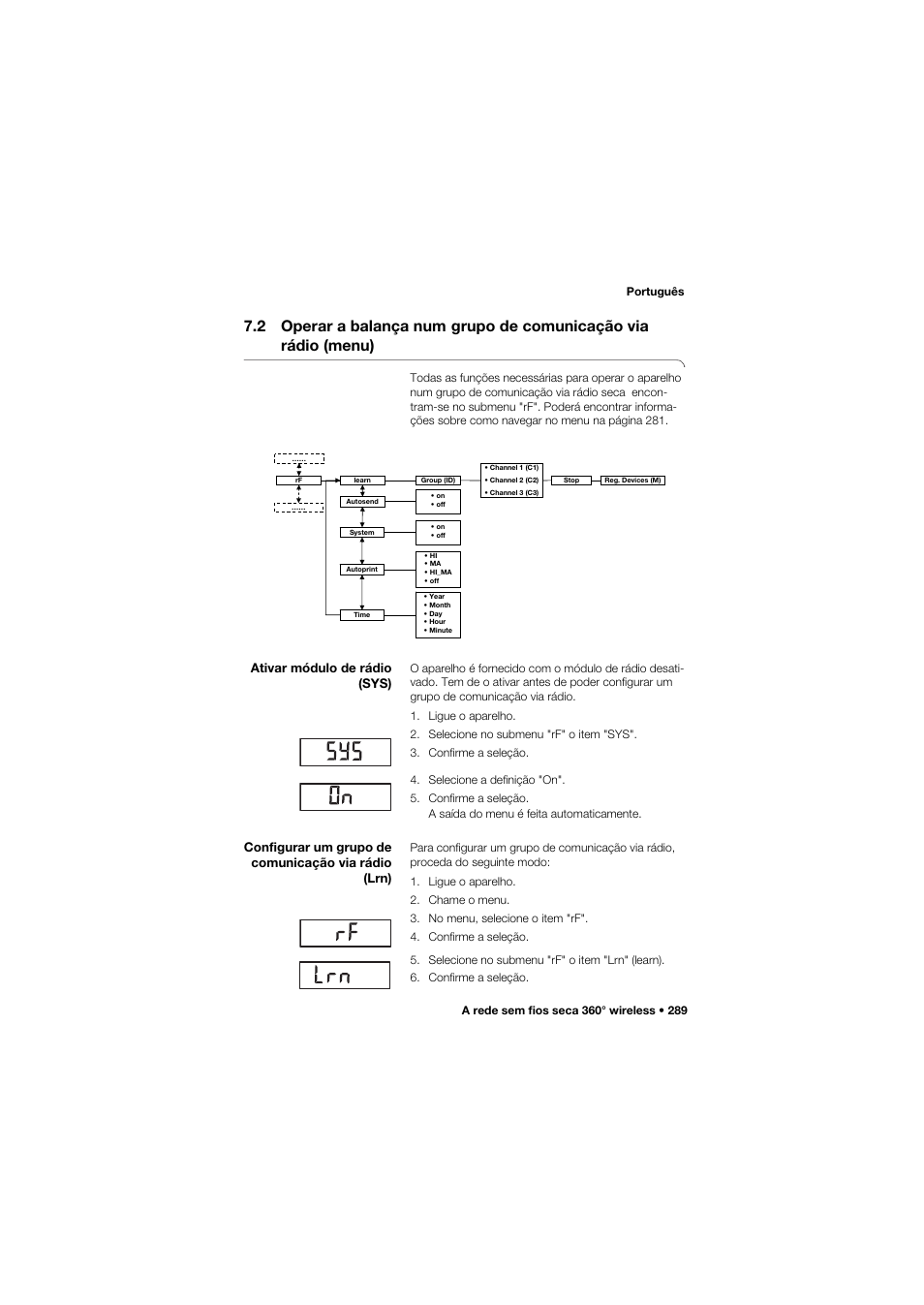 Ativar módulo de rádio (sys), Configurar um grupo de comunicação via rádio (lrn), 2 operar a balança num | Grupo de comunicação via rádio (menu) | Seca 657 User Manual | Page 289 / 357