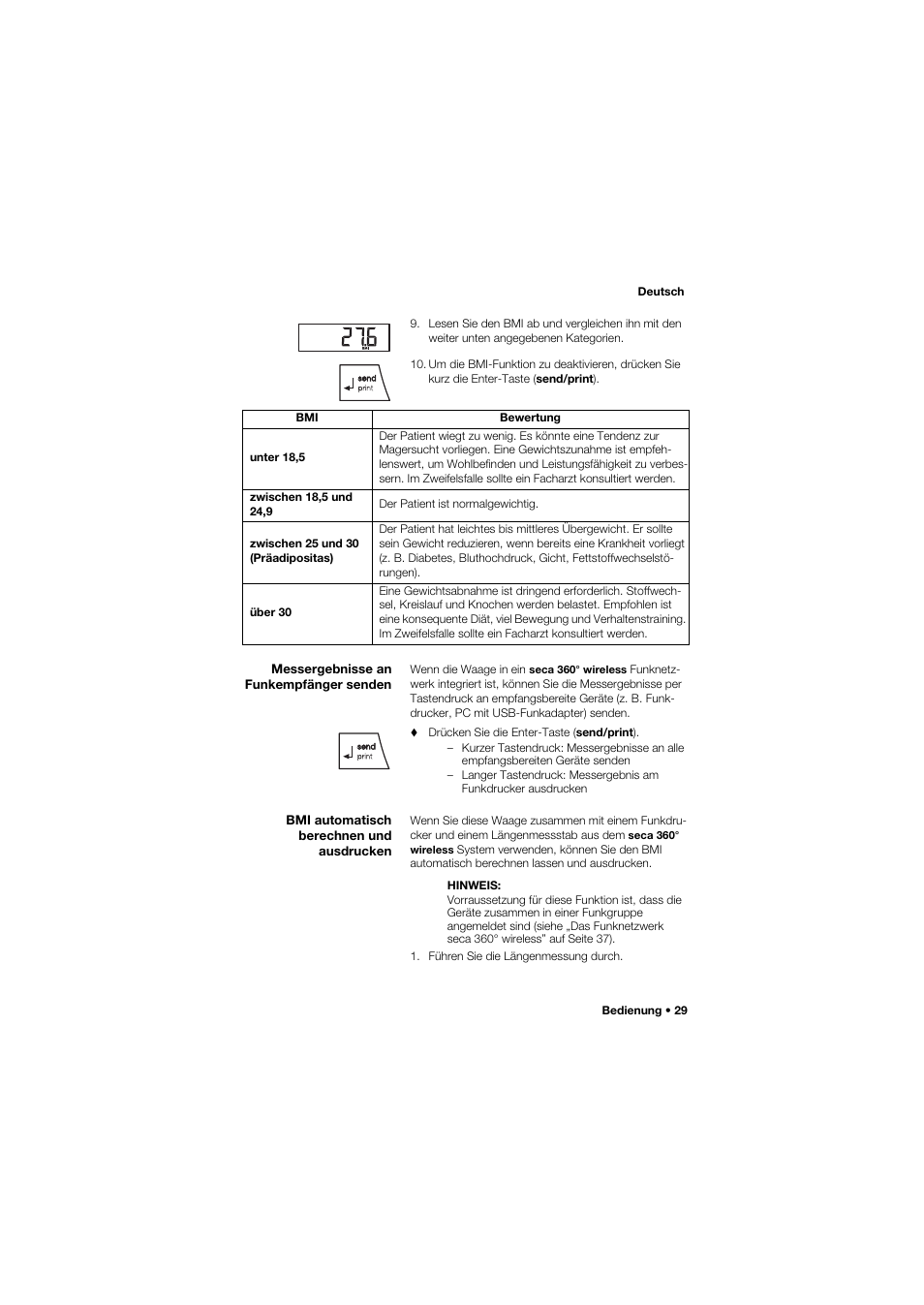 Messergebnisse an funkempfänger senden, Bmi automatisch berechnen und ausdrucken | Seca 657 User Manual | Page 29 / 357