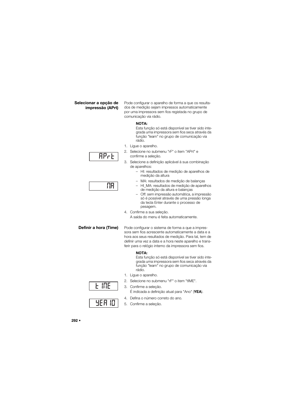 Selecionar a opção de impressão (aprt), Definir a hora (time) | Seca 657 User Manual | Page 292 / 357