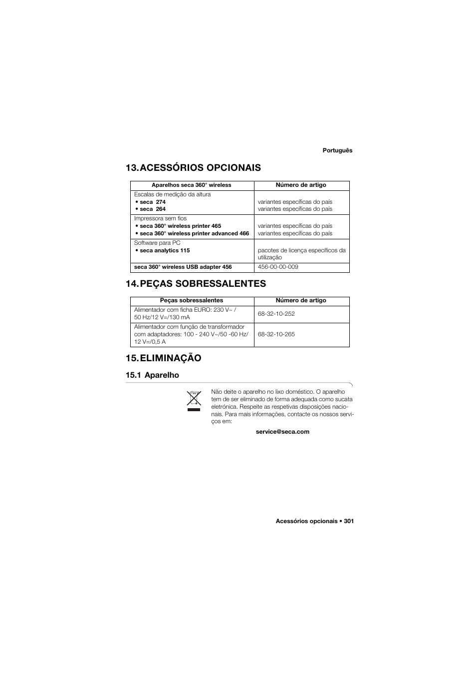 Acessórios opcionais, Peças sobressalentes, Eliminação | 1 aparelho | Seca 657 User Manual | Page 301 / 357